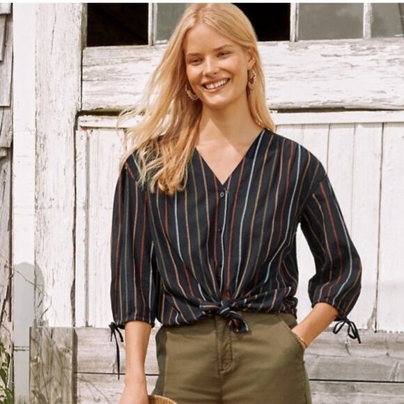 Garnet Hill Artful-Weave Tie-Sleeve Blouse in Midnight Boardwalk Stripe - Picture 1 of 7